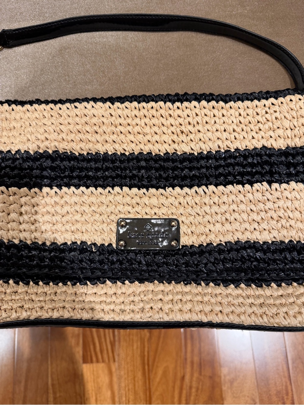 kate spade Natural and Black Woven Straw Shoulder Tote